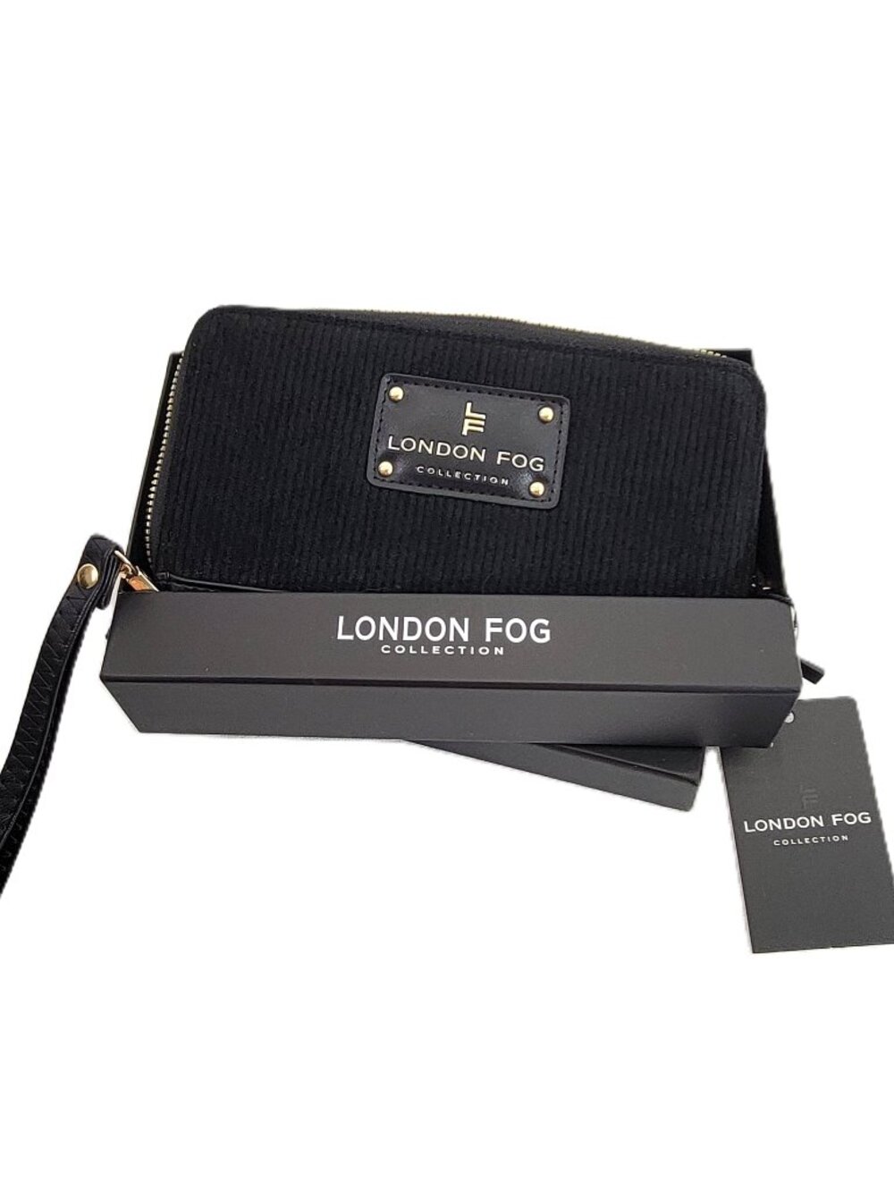 London Fog Boyd Zip Around Wallet Black Corduroy Clutch NWT with Box